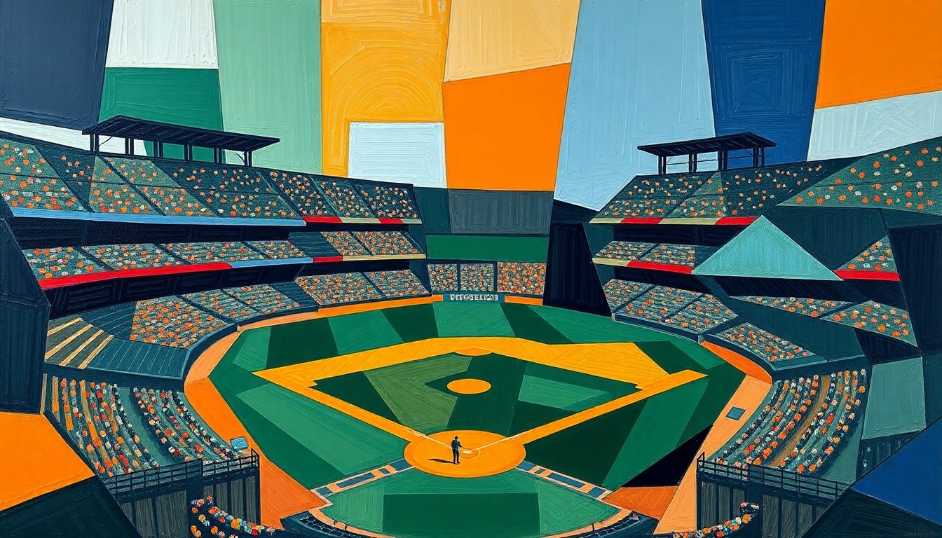 A fragmented, geometric painting depicting a baseball game broken down into overlapping planes of navy, green, and orange, conveying the conceptual confusion and disagreement around the ABS challenge rules.