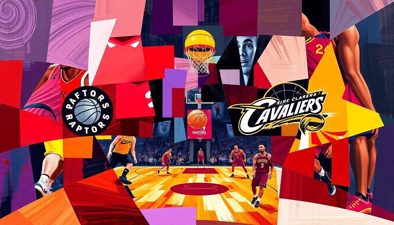 A fractured, cubist-style painting depicting a basketball game, with the court and players broken down into sharp, overlapping geometric shapes in the team colors of the Raptors and Cavaliers.