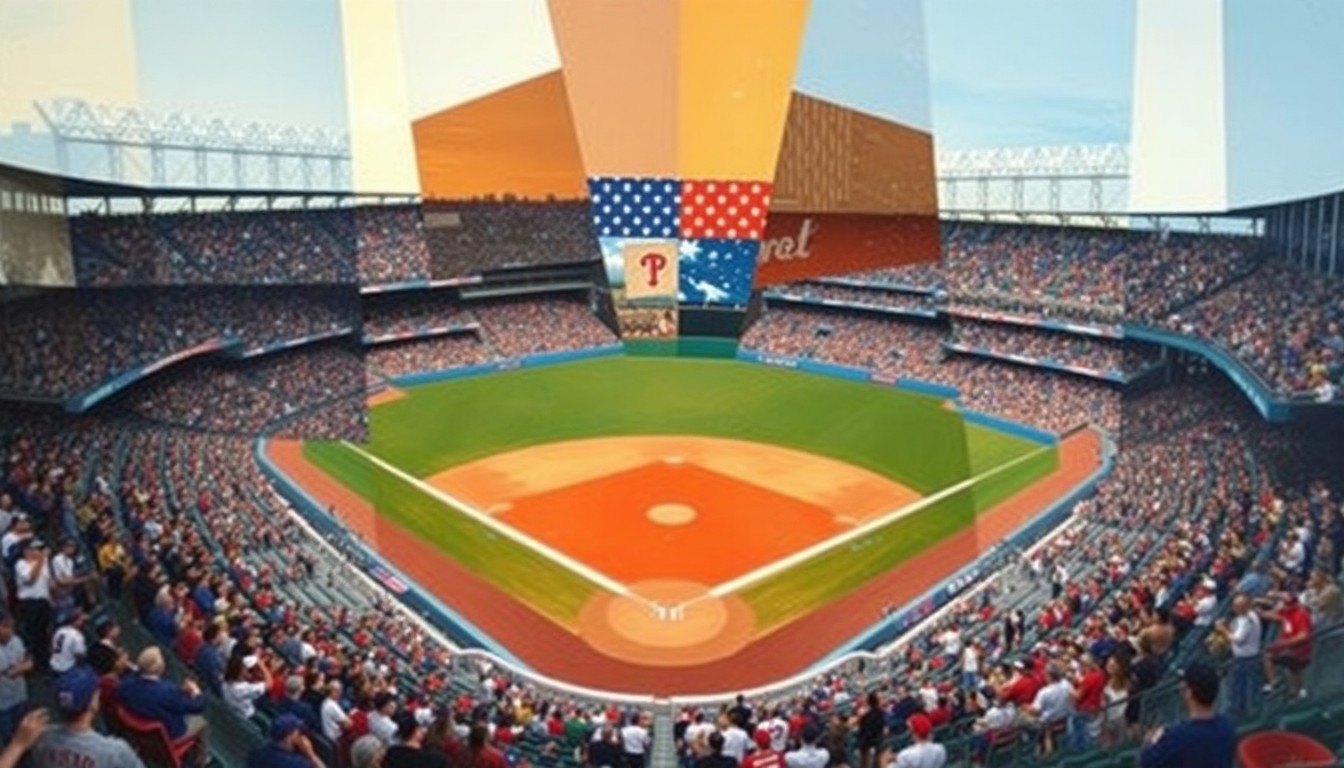 A fractured, geometric painting depicting a baseball game between the Atlanta Braves and Philadelphia Phillies, with the players and field broken down into sharp, overlapping planes of color and shape.
