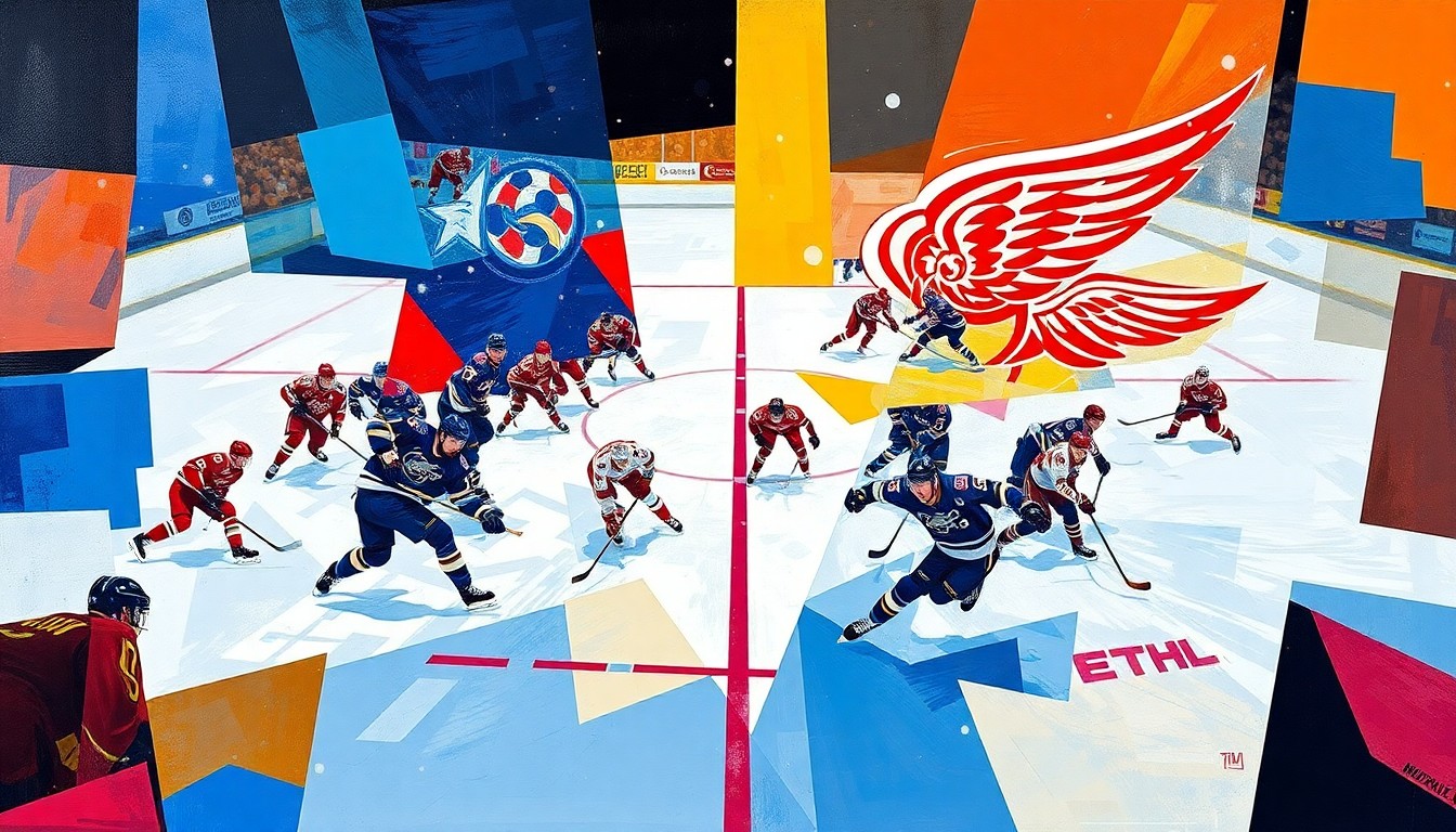 A cubist, geometric painting depicting an ECHL hockey game in motion, with fragmented players, sticks, and the ice surface rendered in the team colors of the Komets and Wings.