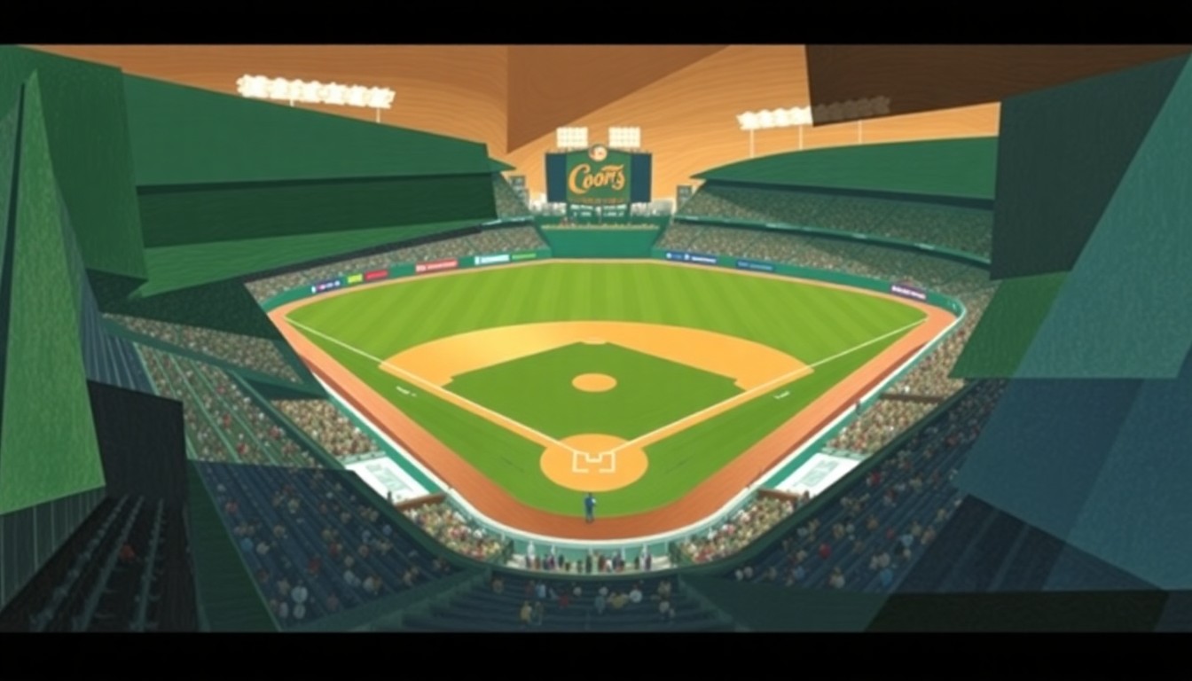 A cubist, geometric painting depicting a baseball game, with overlapping planes of green, brown, and blue representing the field, players, and stadium.