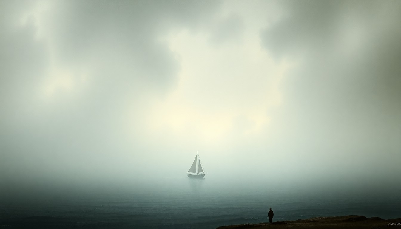 A sweeping, atmospheric landscape painting in muted tones, with a small, indistinct boat on a calm body of water, dwarfed by the vast, fog-shrouded surroundings.