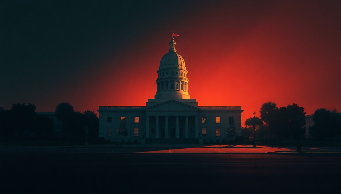 A photorealistic painting of a state capitol building in Florida, with warm sunlight casting deep shadows across the facade, conveying a sense of quiet contemplation around the political issue of property taxes.