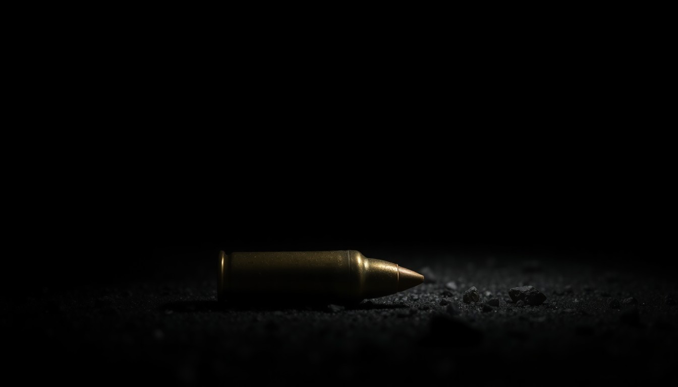 An extreme close-up photograph of a single spent shell casing on the ground, lit by a harsh camera flash against a pitch-black background, creating a stark, gritty, investigative aesthetic.