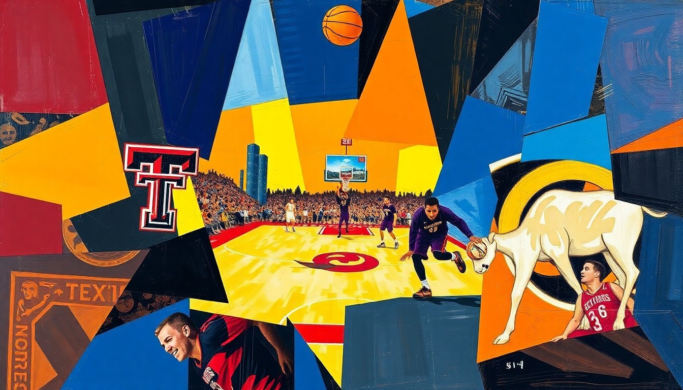 A fragmented, geometric painting depicting a basketball game or match, with sharp planes of red, black, and brown representing the Texas Tech Red Raiders and blue, gold, and white representing the Wyoming Cowboys. The image is broken down into an abstract, cubist style, capturing the motion and energy of the sport.
