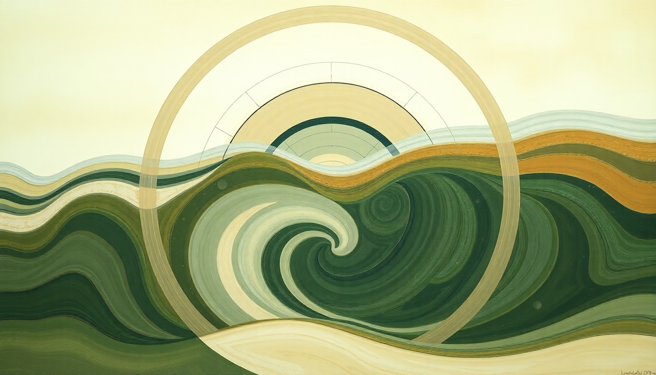 A bold, geometric abstract painting in earthy tones of green, blue, and brown, depicting the complex interplay of natural forces and human interventions that shape coastal ecosystems like Fire Island's dunes.