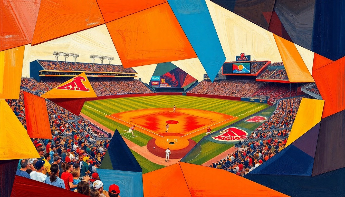 A cubist, geometric painting depicting a college baseball game, with sharp, overlapping planes of burnt orange, crimson red, and navy blue, capturing the dynamic energy and competitive spirit of the sport.