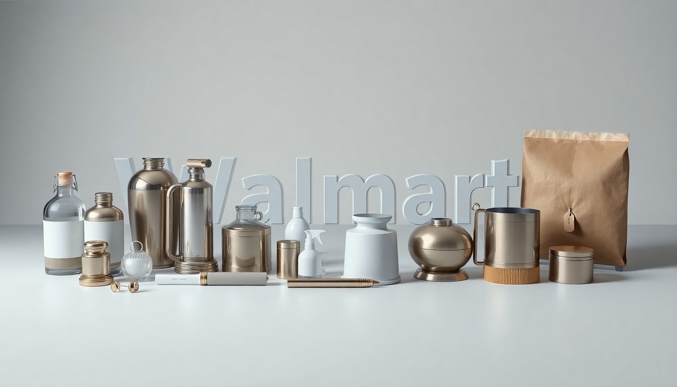 A high-end studio photograph featuring a collection of premium, polished objects arranged elegantly on a clean, monochromatic background, representing the abstract challenges Walmart faces in inventory management, customer service, and operational efficiency.