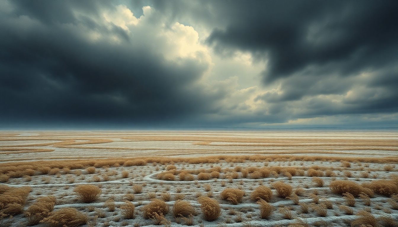 A sweeping, atmospheric landscape painting in muted tones of gray, blue, and white, depicting a vast, frozen field under an ominous, cloud-filled sky, conveying the overwhelming scale and power of the natural world.