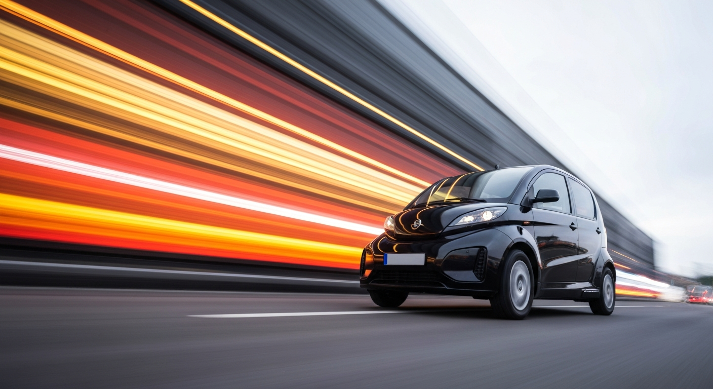 An abstract, motion-blurred image of a Burstner City Car 600 electric vehicle, with vibrant streaks of color conveying a sense of speed and modern engineering.