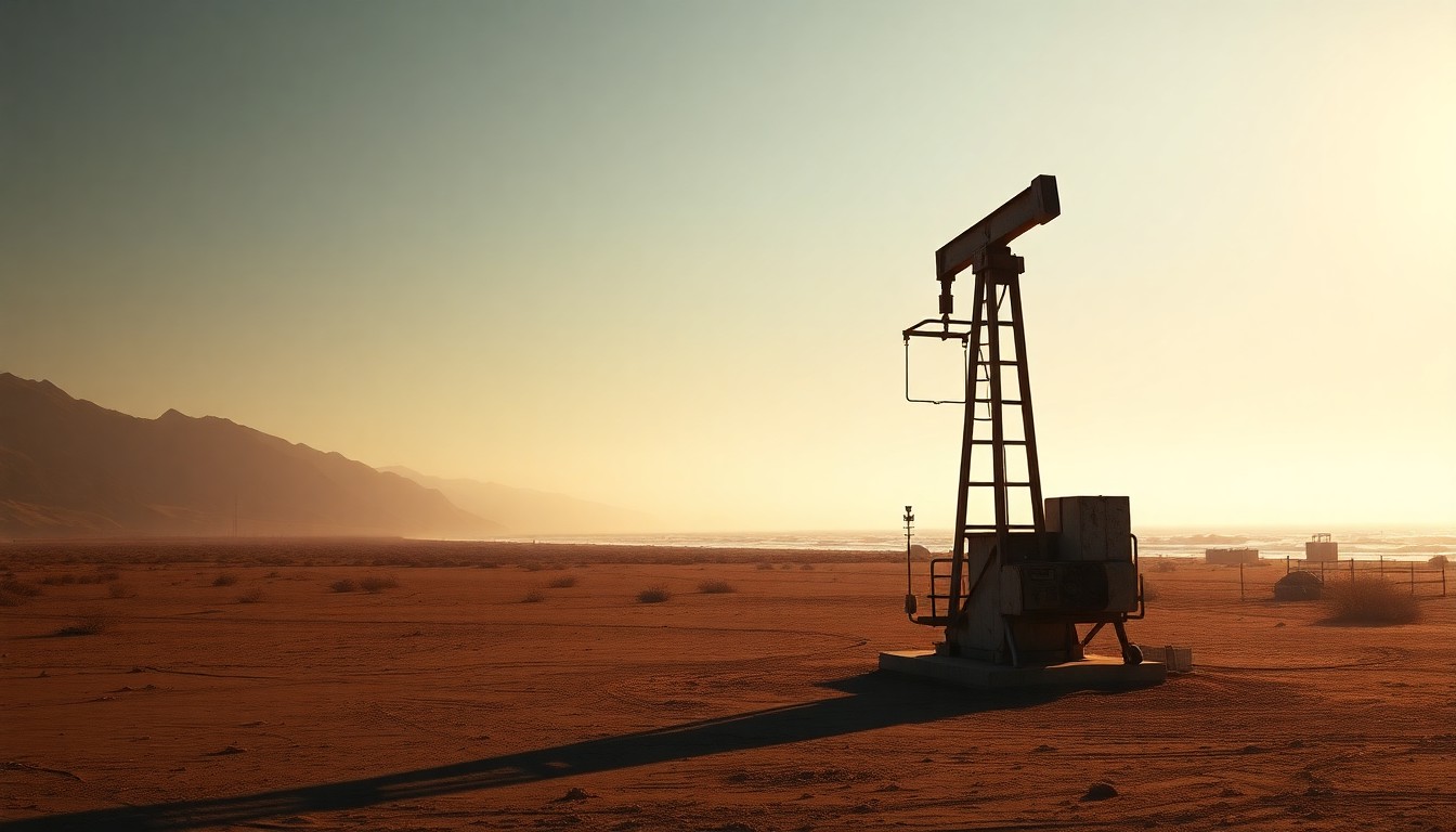 A serene, cinematic painting of a lone oil pump standing on a remote California coastline, the structure's weathered form bathed in warm, diagonal sunlight and deep shadows, conceptually representing the tensions between energy production and environmental preservation.