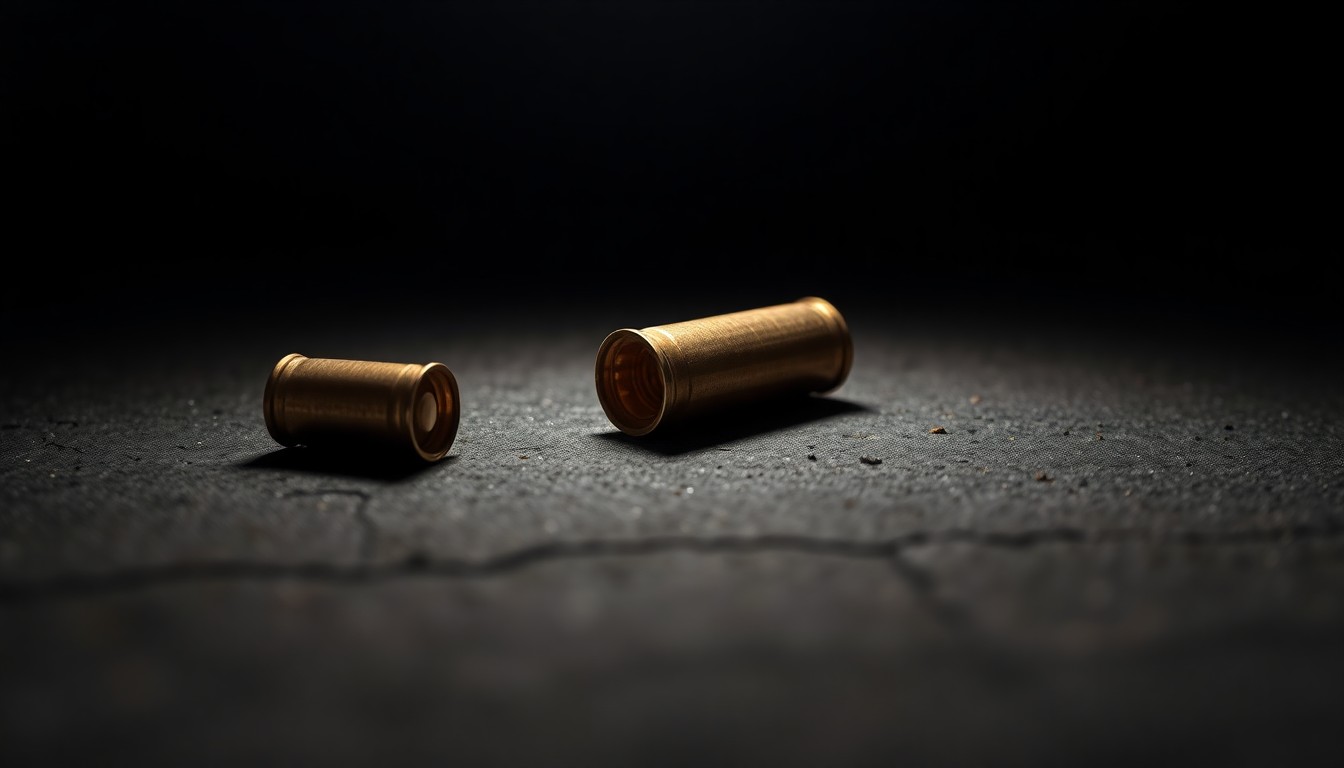 An extreme close-up photograph of a single spent shell casing on a dark, textured surface, lit by a harsh, direct camera flash, conceptually illustrating the evidence of a fatal shooting.
