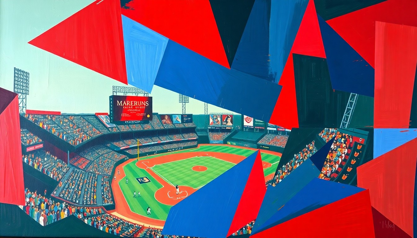 A cubist, geometric painting featuring overlapping planes of red, blue, and green, conceptually representing the back-and-forth action and drama of a baseball game between the Cincinnati Reds and Minnesota Twins.
