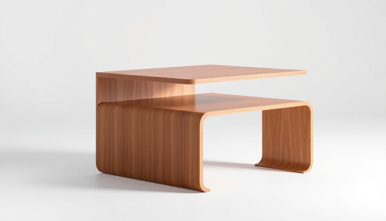 A close-up, minimalist product shot of a sleek, geometric wooden and metal side table in muted tones, conceptually representing the design aesthetic and quality considerations of Dingshang Co Ltd's Wayfair furniture.