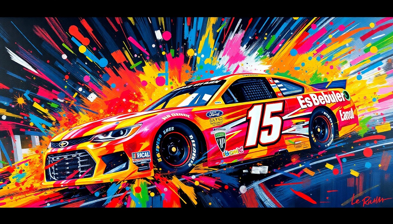 An abstract, expressionist painting in vibrant neon colors, capturing the raw energy and intensity of a NASCAR race, with the car and driver's movements dissolving into unrecognizable splatters of color.