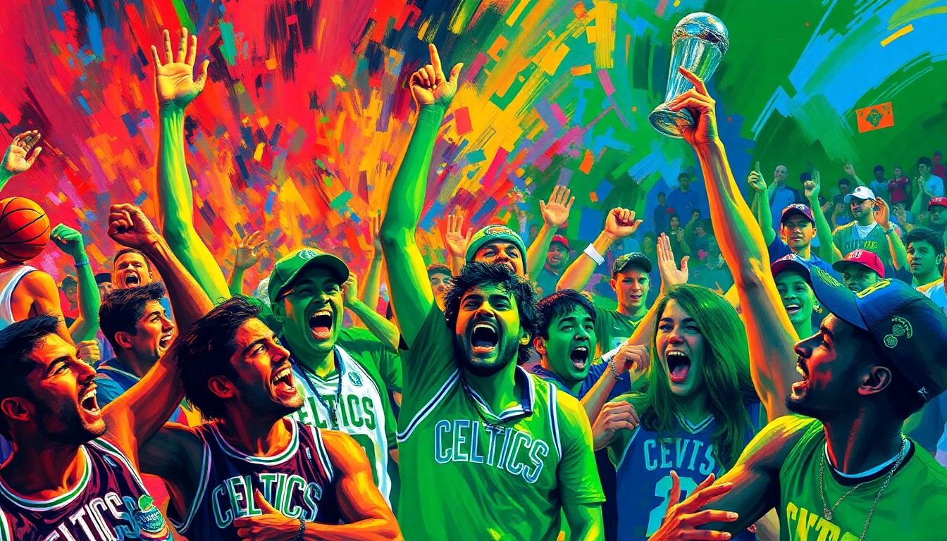 An abstract, energetic painting featuring bold brushstrokes in neon green, blue, and orange, capturing the raw emotion and excitement of Celtics fans cheering on their team's victory.
