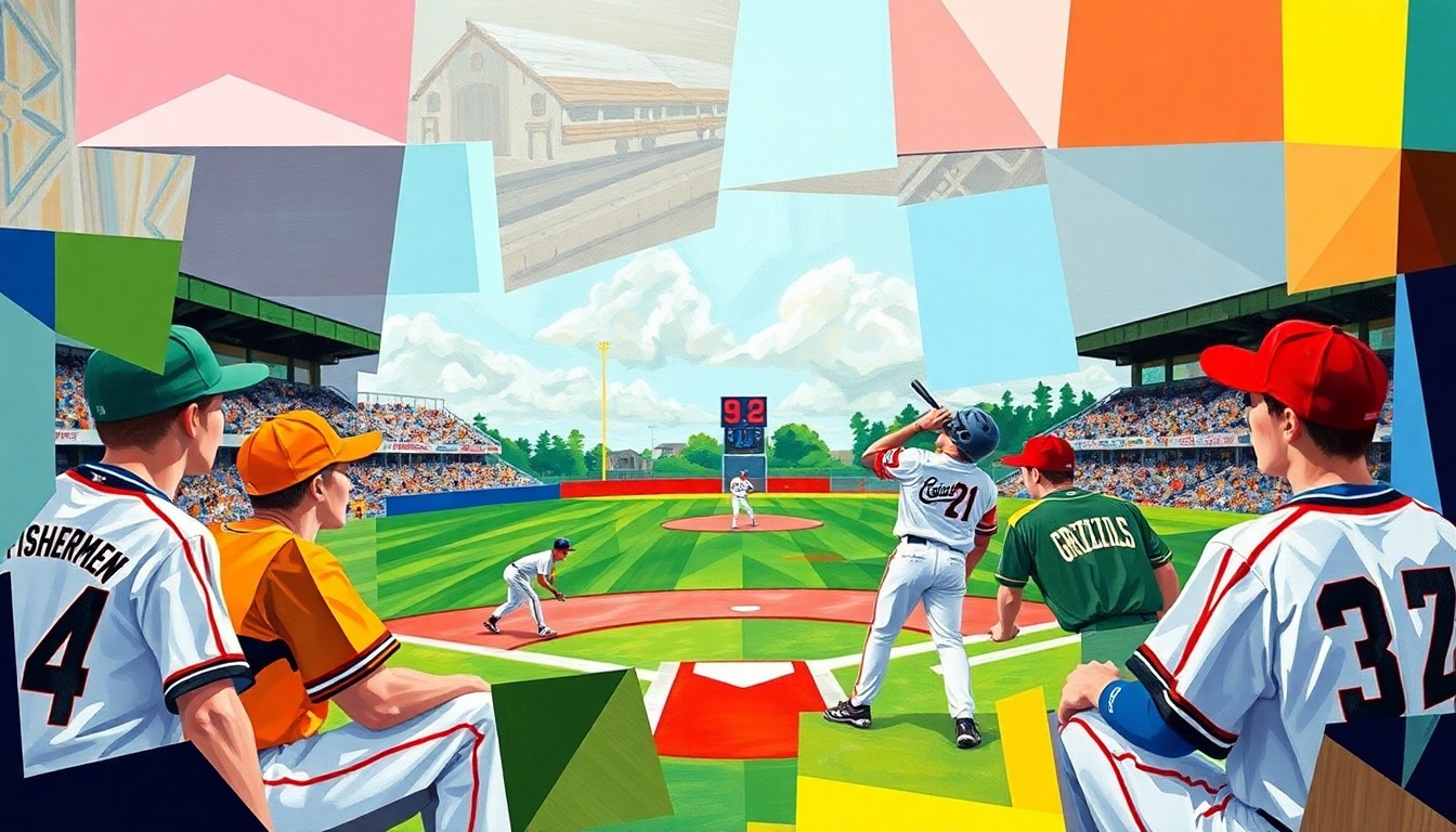 A fractured, geometric painting in vibrant blues, greens, and reds, depicting the dynamic motion and competition of a high school baseball game without any identifiable players or teams.
