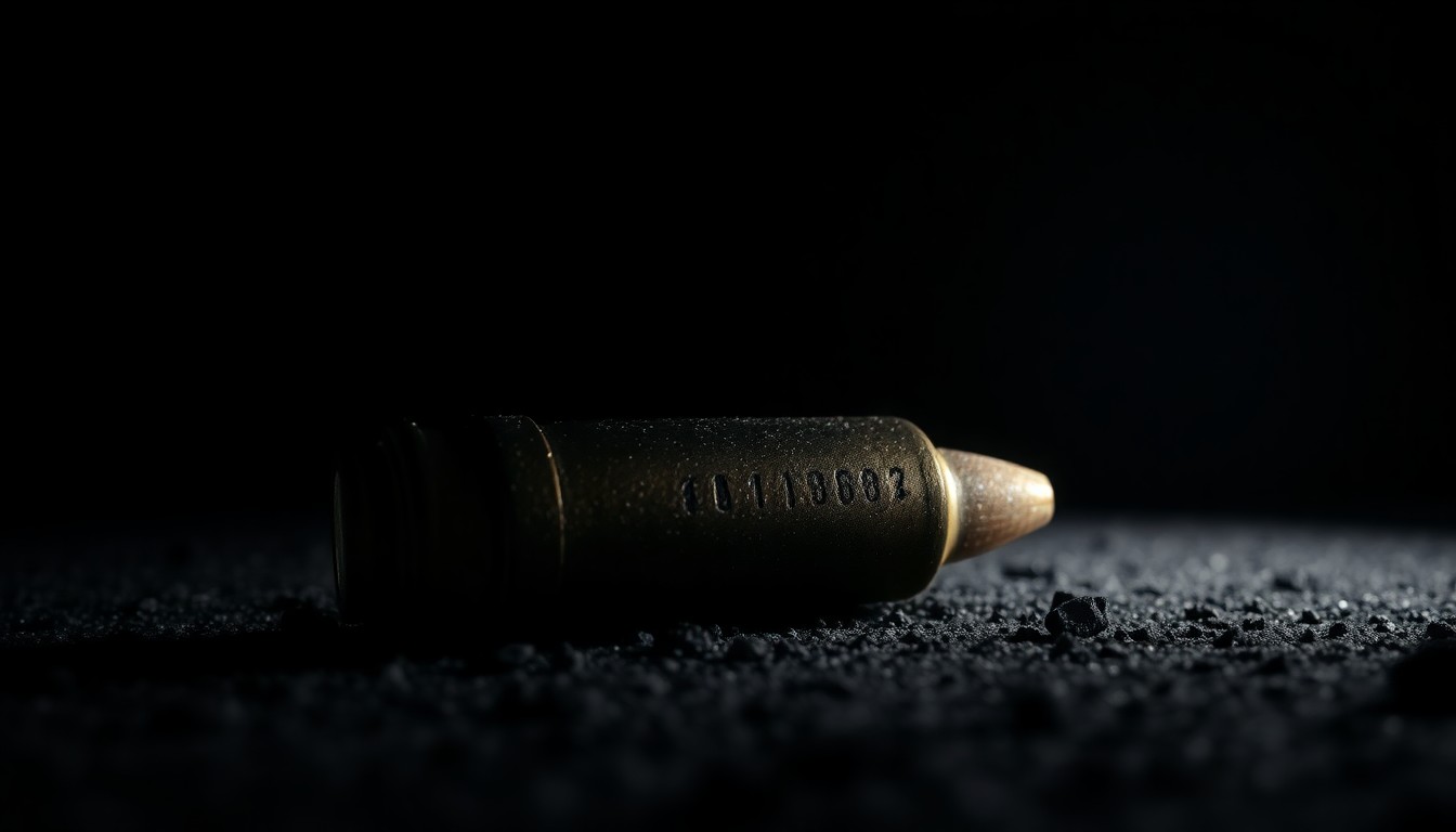 An extreme close-up photograph of a spent shell casing on the ground, lit by a harsh camera flash against a pitch-black background, conceptually illustrating the investigation into a fatal shooting incident.