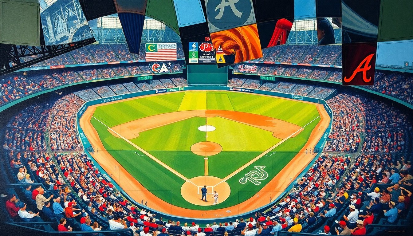 A fractured, multi-angled painting depicting a baseball game in progress, with players and the field broken down into sharp, intersecting geometric shapes and planes of color, conveying the dynamic energy and competitive spirit of the Braves-Phillies rivalry.