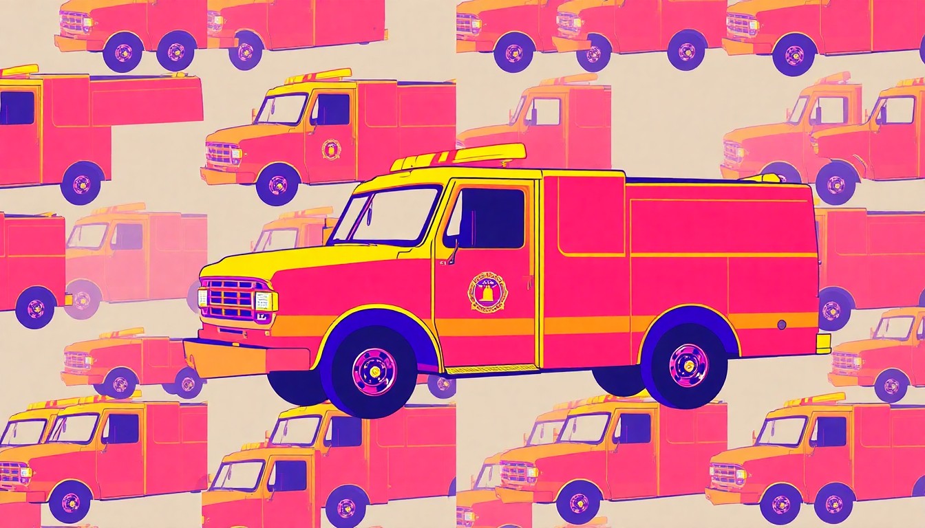 A bold, colorful silkscreen-style illustration featuring a repeating grid of stylized fire truck icons in vibrant neon shades, conceptually representing the Brainerd Fire Department's diverse emergency response duties.