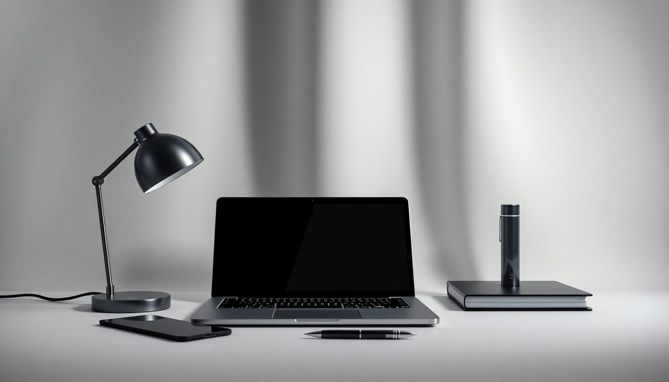 A photorealistic studio still life featuring a sleek laptop, a modern desk lamp, and a stylish pen, arranged elegantly on a clean, monochromatic background, conceptually representing the abstract concepts of marketing strategy, digital transformation, and the impact of new technologies.