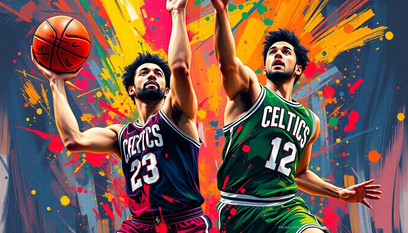 An abstract, expressionist painting in vibrant neon colors capturing the raw energy and athleticism of two basketball players driving to the hoop, their faces and jerseys dissolving into unrecognizable splatters of paint.