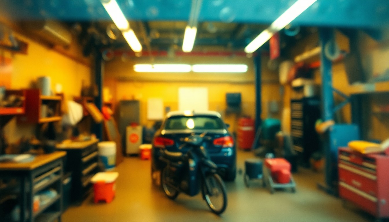 An abstract, out-of-focus image featuring blurred shapes and pools of warm light, conceptually representing the context of a car repair shop and the availability of a free online tool to estimate repair costs.