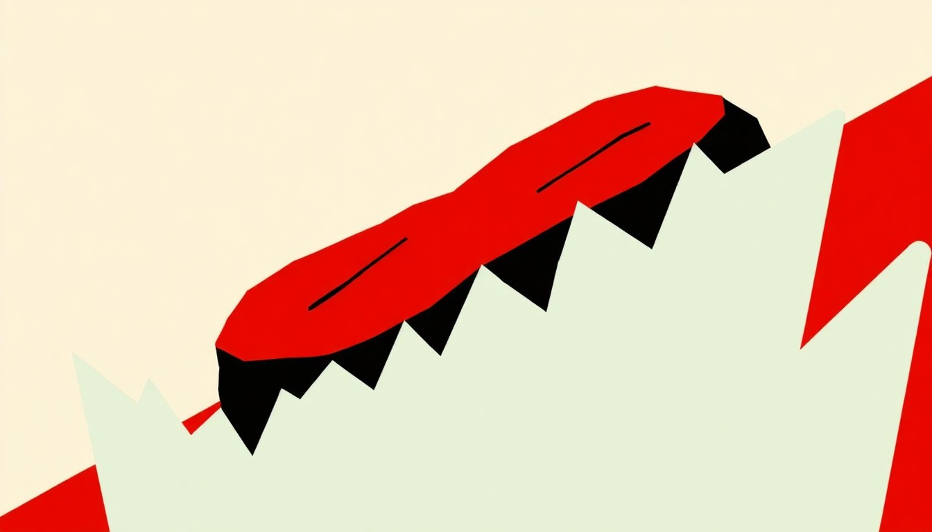 An abstract, minimalist illustration featuring bold, jagged geometric shapes in high-contrast red and white, conceptually representing an oversized, expensive steak as a symbol of corporate greed and excess at a major sporting event.