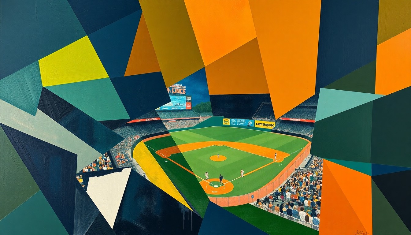 A cubist, geometric painting depicting a baseball game broken down into overlapping planes of navy, green, and orange, conveying the dynamic energy and competitive nature of the sport.