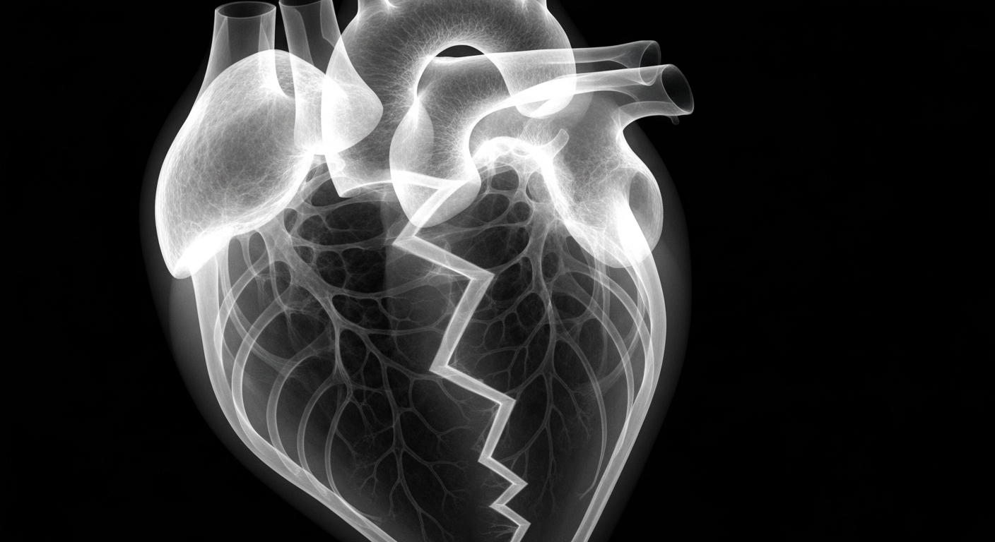An abstract, translucent X-ray image revealing the intricate internal structure of a broken heart, conceptually representing the emotional challenges of celebrity relationships.