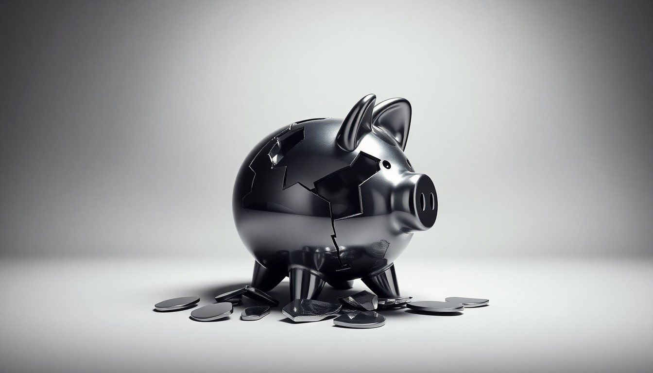 A photorealistic studio still-life image of a shattered metal piggy bank, symbolizing the collapse of iLearning's fraudulent financial schemes through dramatic lighting and clean, minimalist composition.