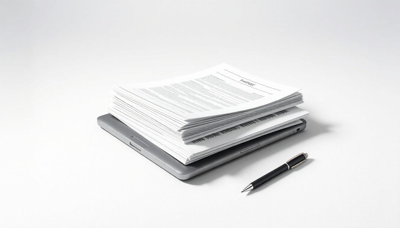 A photorealistic studio still life featuring a stack of official documents, a laptop, and a pen on a clean, monochromatic background, symbolizing the abstract corporate strategy and regulatory compliance issues at the heart of the Binance-Wall Street Journal legal dispute.