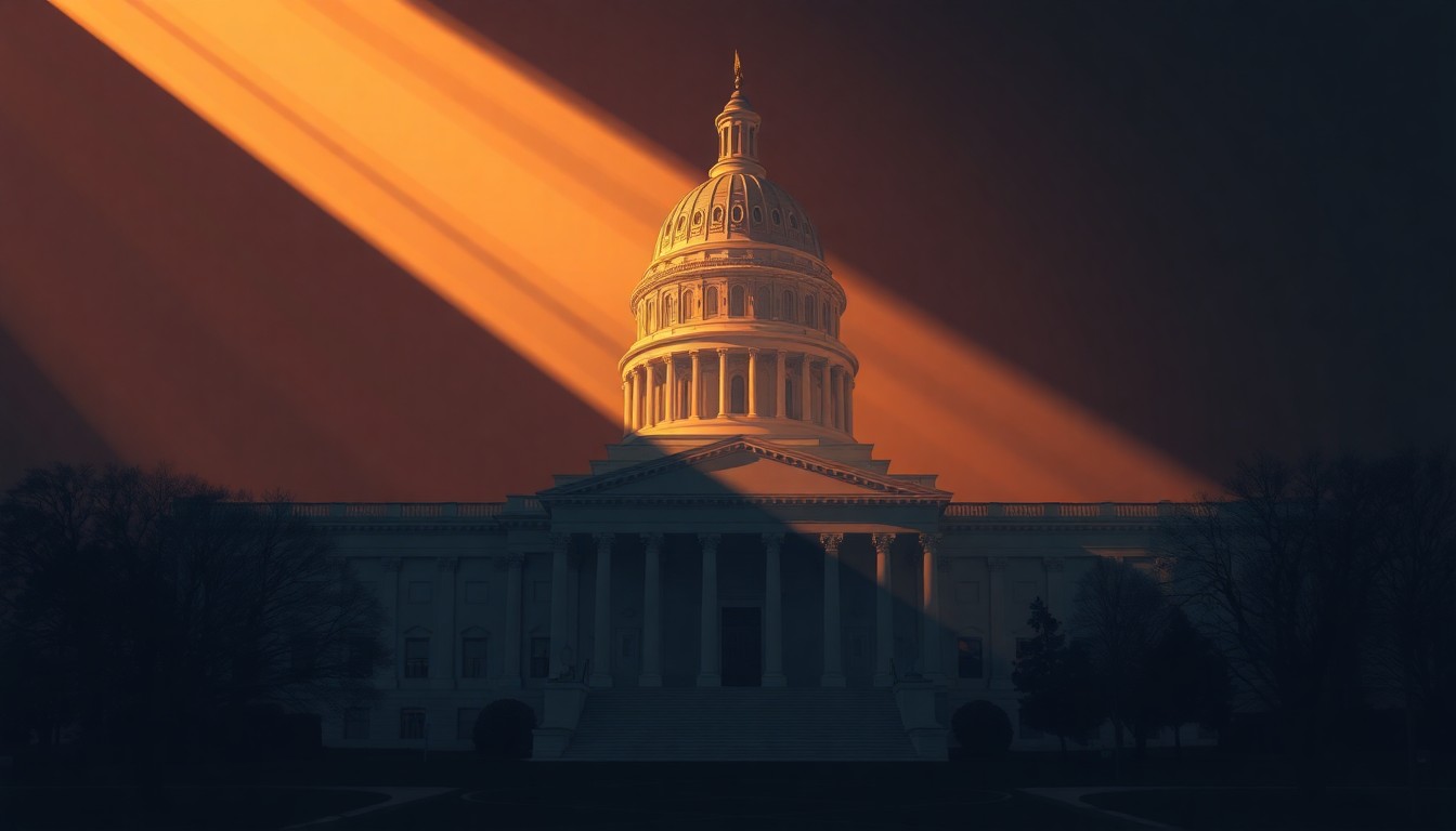 A photorealistic painting of the New York State Capitol building, with its grand architecture and ornate details rendered in warm, golden tones and deep shadows, conveying a sense of the government's solemn duty to the people.