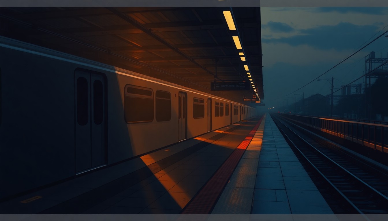 A serene, cinematic painting of a solitary subway platform at dusk, with warm sunlight casting long shadows across the empty space, conceptually representing the transportation challenges facing local fans trying to attend the World Cup.