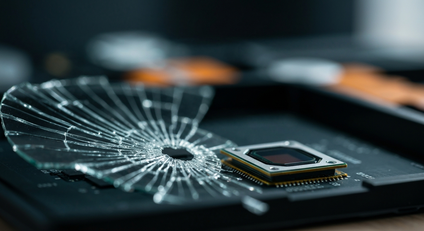 An extreme close-up of a shattered car sensor lens reflecting a faint red light, conceptually illustrating the vandalism of self-driving cars.