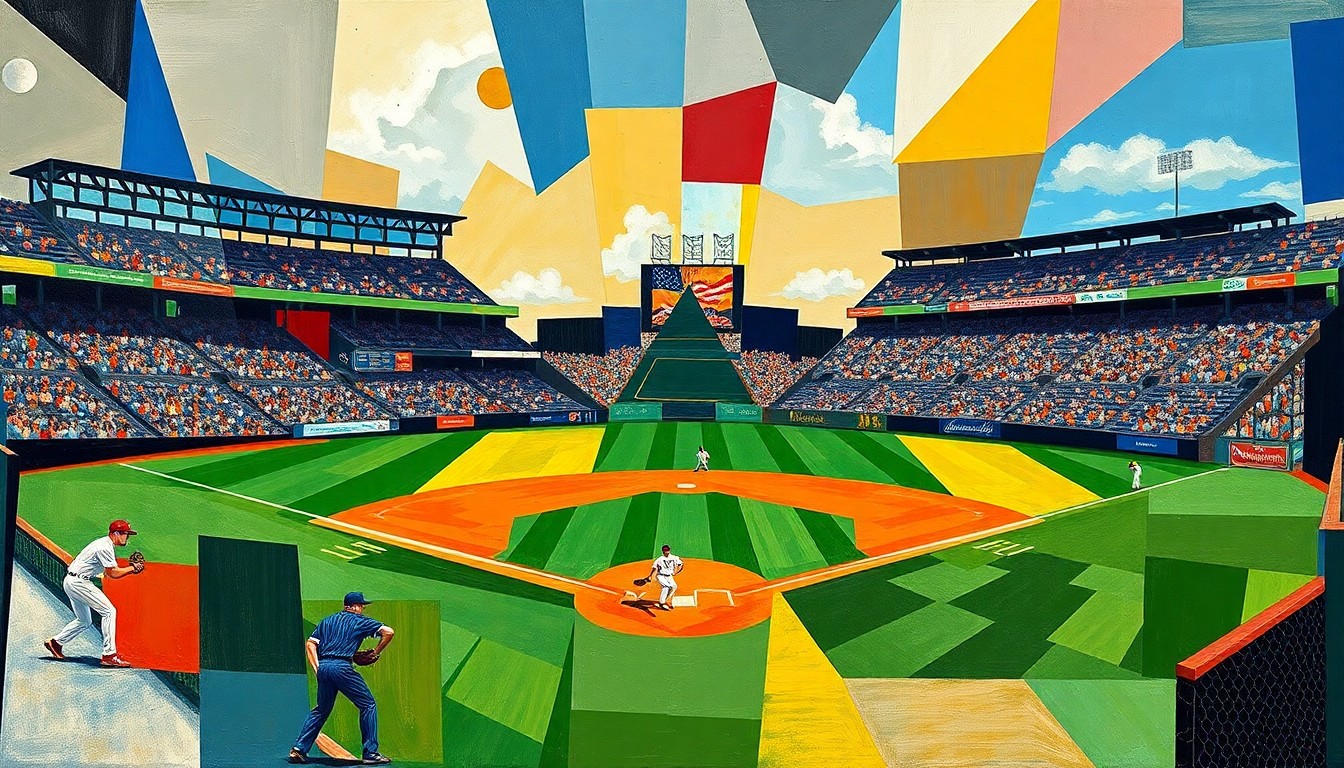 A fragmented, geometric painting in shades of blue, green, and orange, depicting the abstract shapes and planes of a baseball game, without any recognizable figures or details.