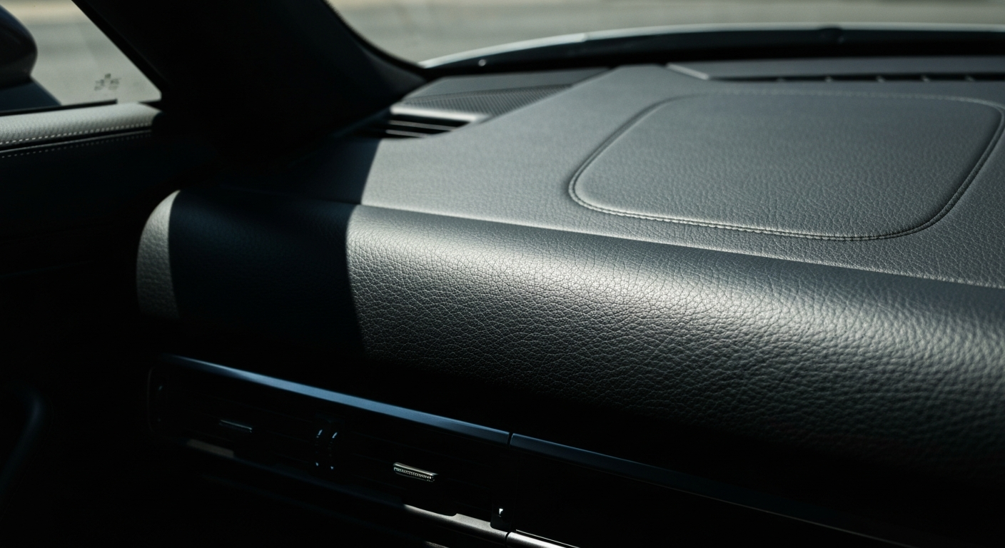 An extreme close-up photograph of the textured leather interior of the LEGO Porsche 911 Turbo S Targa, capturing the rich details and premium materials that define the real-world sports car.