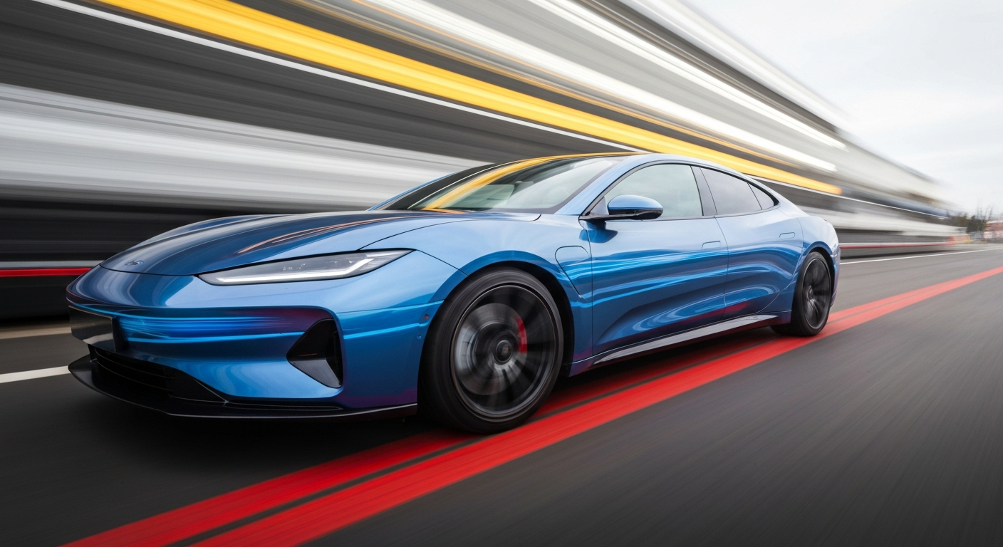 Heavily blurred, sweeping brushstrokes of bright colors representing the speed and power of an electric vehicle in motion, conveying a sense of modern engineering and the thrill of electric mobility.