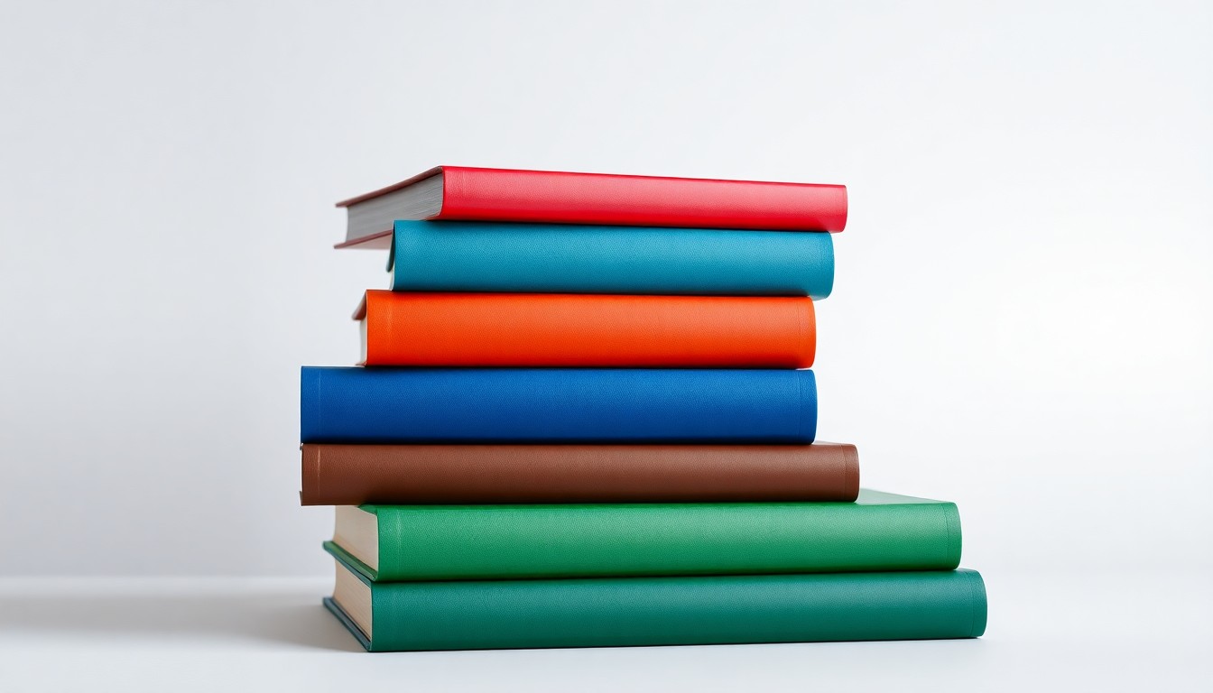 A minimalist, photorealistic studio still life featuring a stack of hardcover books in various colors, representing the diverse publishing output of Indonesia's top publishers.