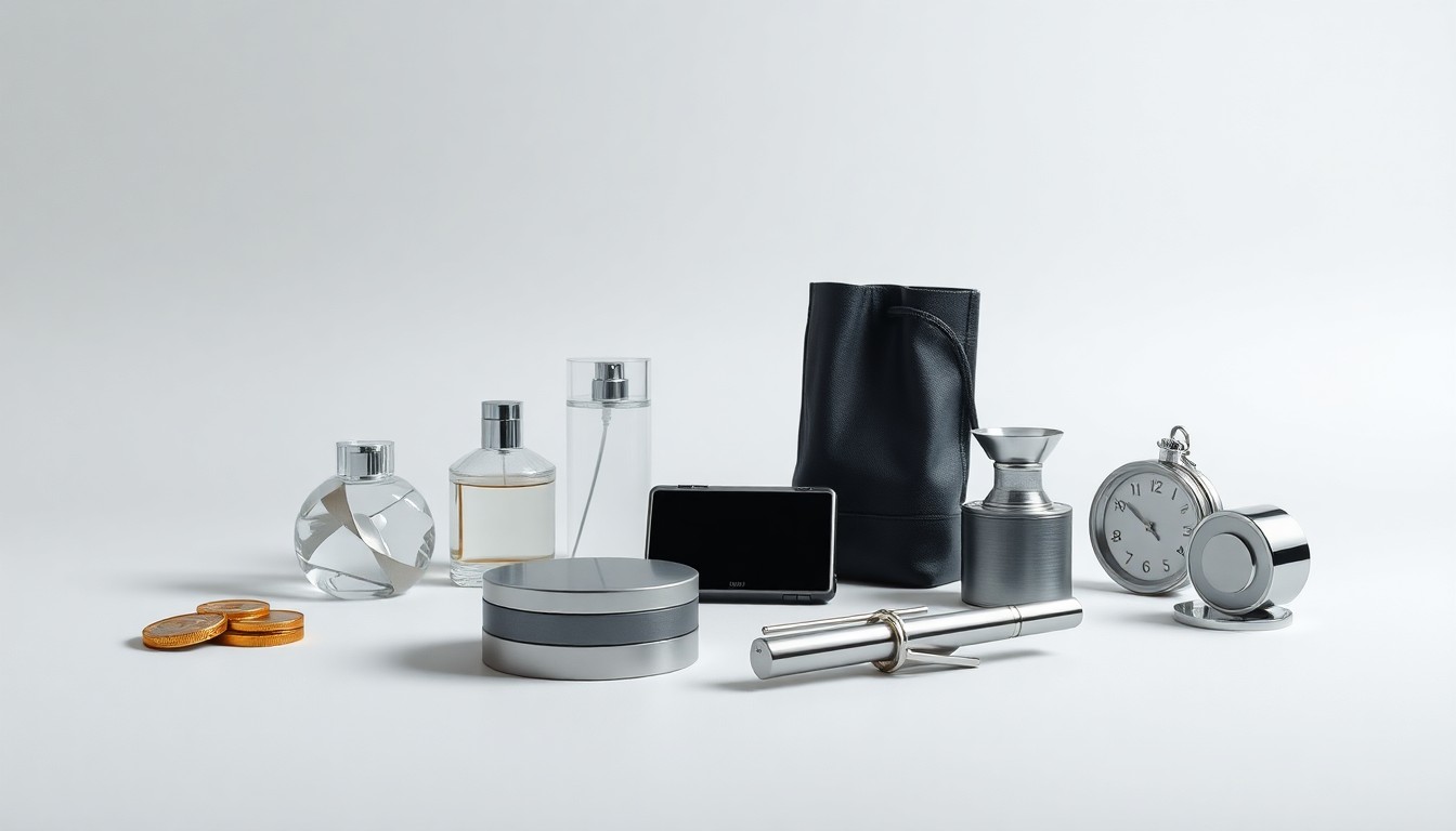 A photorealistic studio still life featuring a collection of polished, geometric objects arranged on a clean, monochromatic background, conceptually representing the abstract themes of business strategy, finance, and market trends.