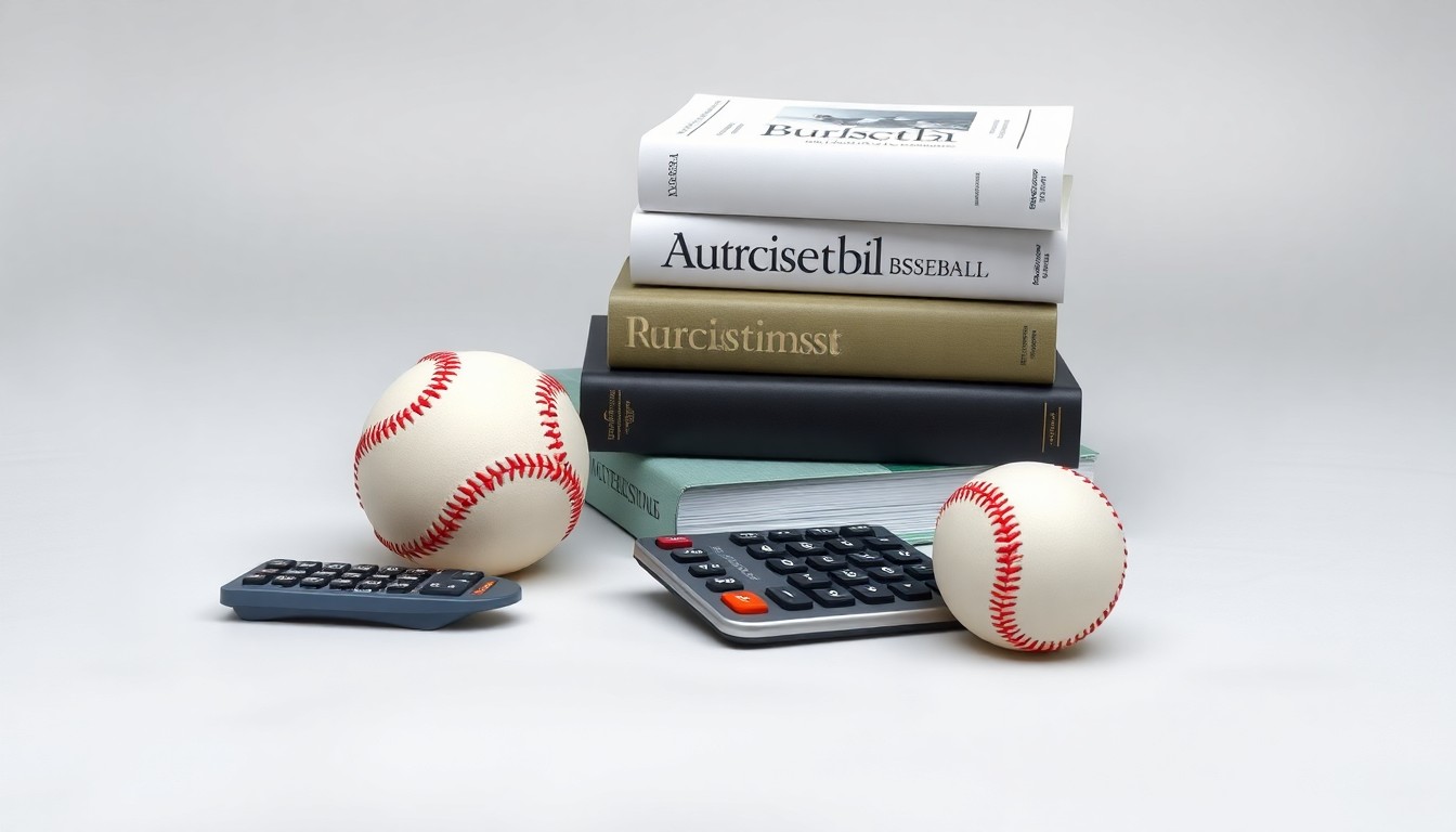 A photorealistic studio still life featuring a stack of business strategy books, a calculator, and a baseball arranged on a clean, monochromatic background, symbolizing the intersection of consulting and the baseball analogy used in the article.