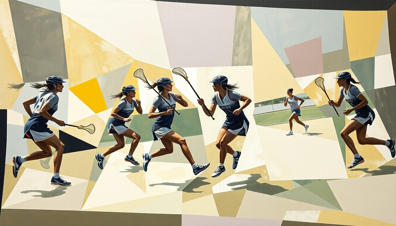 A fractured, multi-perspective painting that breaks down a women's lacrosse game into sharp, overlapping geometric planes, capturing the dynamic movements and energy of the players and the ball.