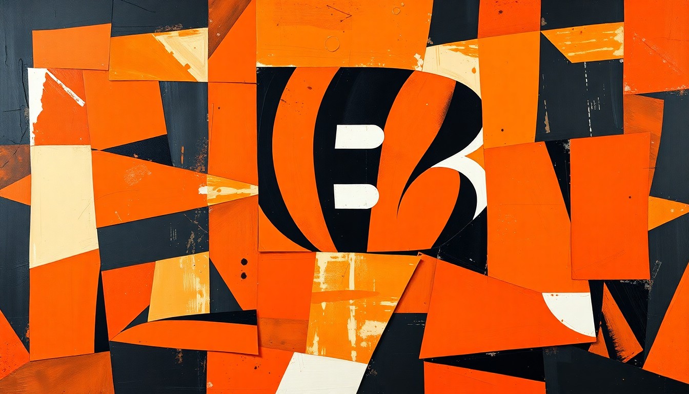 A cubist, geometric painting depicting fragmented, overlapping shapes and planes in the Bengals' team colors, representing the strategic decision-making and competitive action of an NFL draft or football game.
