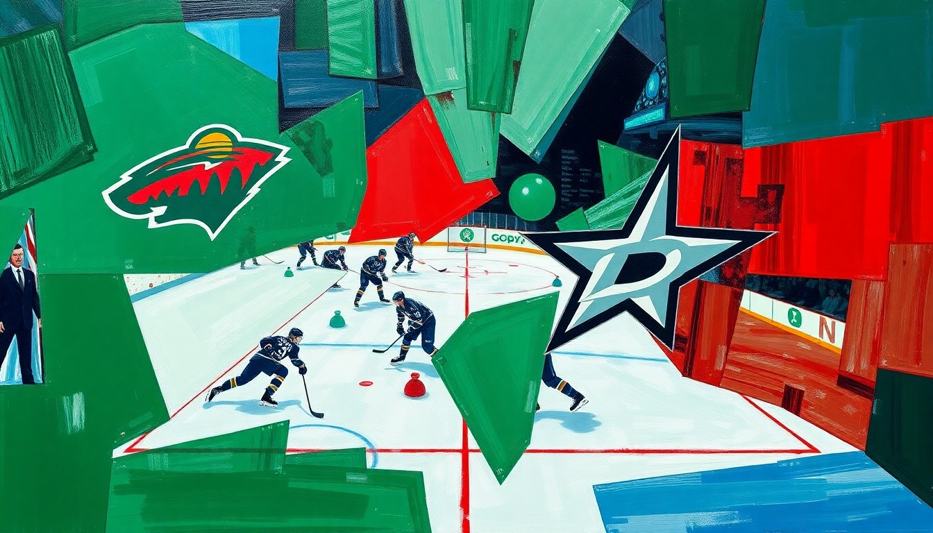 A fragmented, cubist-style painting depicting a hockey game, with overlapping geometric shapes in shades of green, red, and blue, conveying the intensity and action of the playoff matchup between the Minnesota Wild and Dallas Stars.