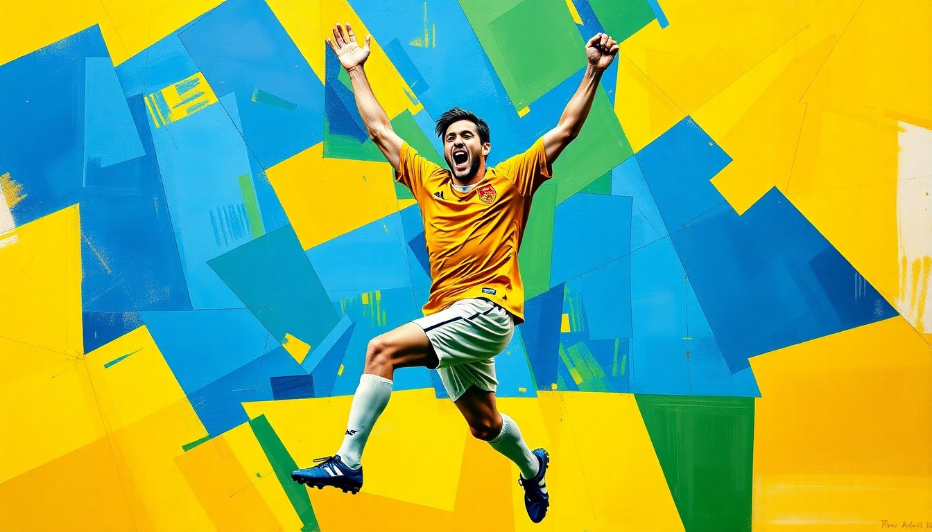A cubist, geometric illustration depicting a soccer player's celebration, with sharp, overlapping planes of color representing the dynamic movement and energy of the moment.