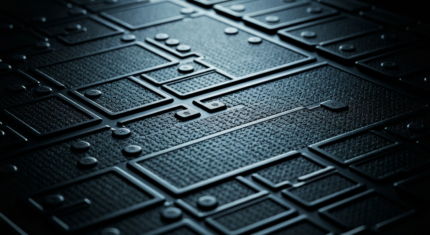 An extreme close-up of the textured surface of an electric vehicle battery pack, revealing the intricate patterns and materials that enable modern electric mobility.