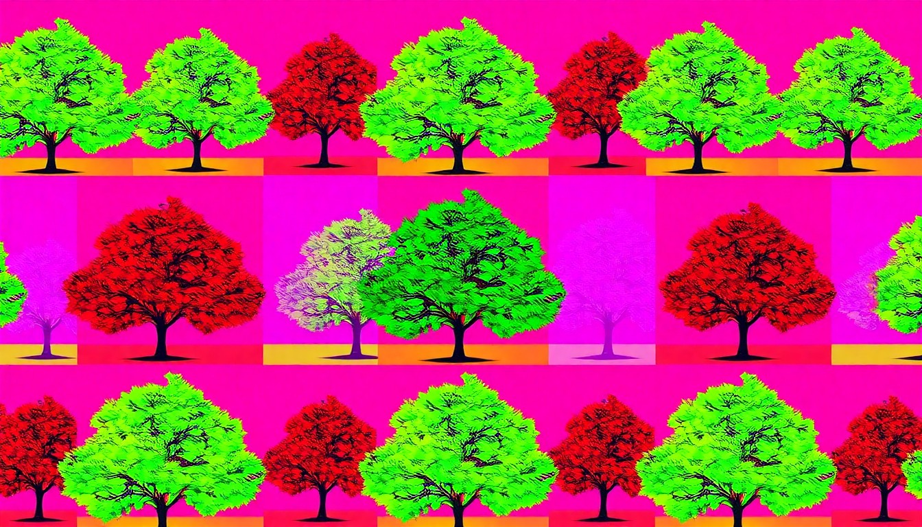 A brightly colored, high-contrast silkscreen print of a single, iconic tree repeated in a tight grid pattern, utilizing flat, vibrant, and unnatural neon color palettes overlapping with heavy black photographic outlines to turn the everyday tree into modern pop art.
