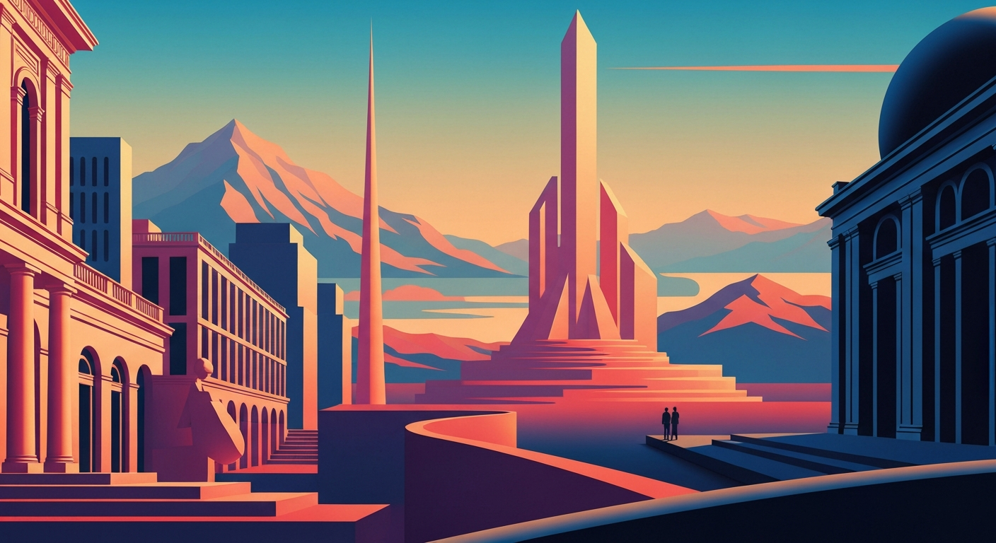 A conceptual illustration in the Art Deco Monumentalist style, featuring a sweeping, geometric landscape with towering, streamlined forms and smooth gradients, capturing the grand scale and romance of travel.