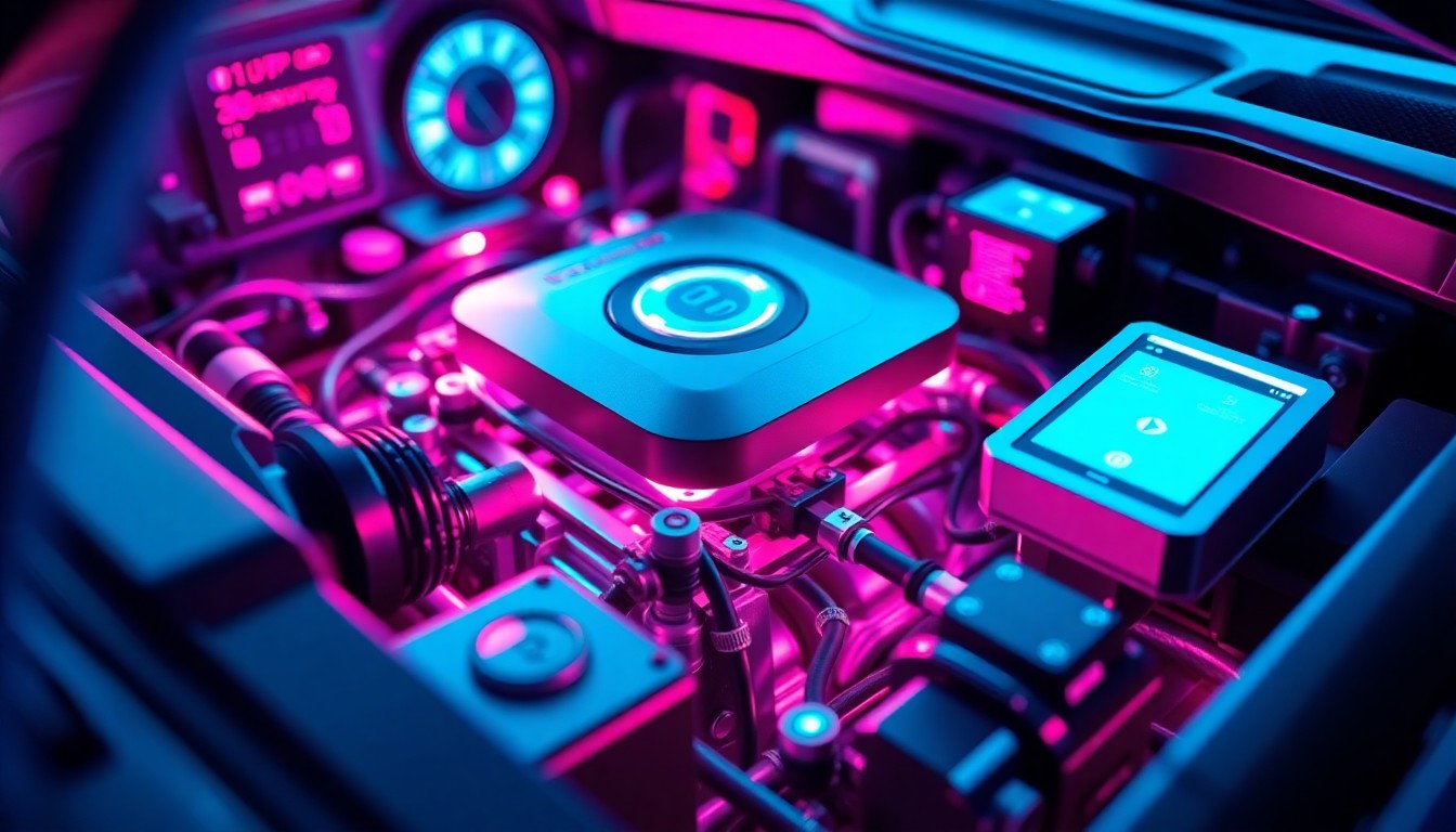 A highly detailed, glowing 3D illustration of a car's engine components and diagnostic systems, bathed in vibrant neon cyan and magenta lights, conceptually representing the technological advancements and accessibility of car repair content on YouTube.