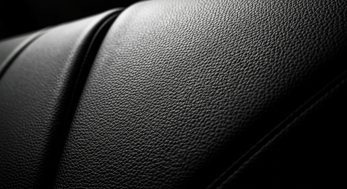 An extreme close-up of the textured leather interior of a BMW X5, captured in dramatic lighting to highlight the premium materials and craftsmanship of the vehicle.